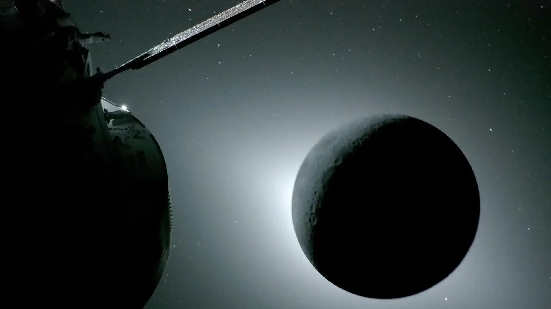The Moon, seen here backlit by the Sun during a solar eclipse on April 6, 2026, is photographed by one of the cameras on the Orion spacecraft’s solar array wings The Moon, seen here backlit by the Sun during a solar eclipse on April 6, 2026, is photographed by one of the cameras on the Orion spacecraft’s solar array wings