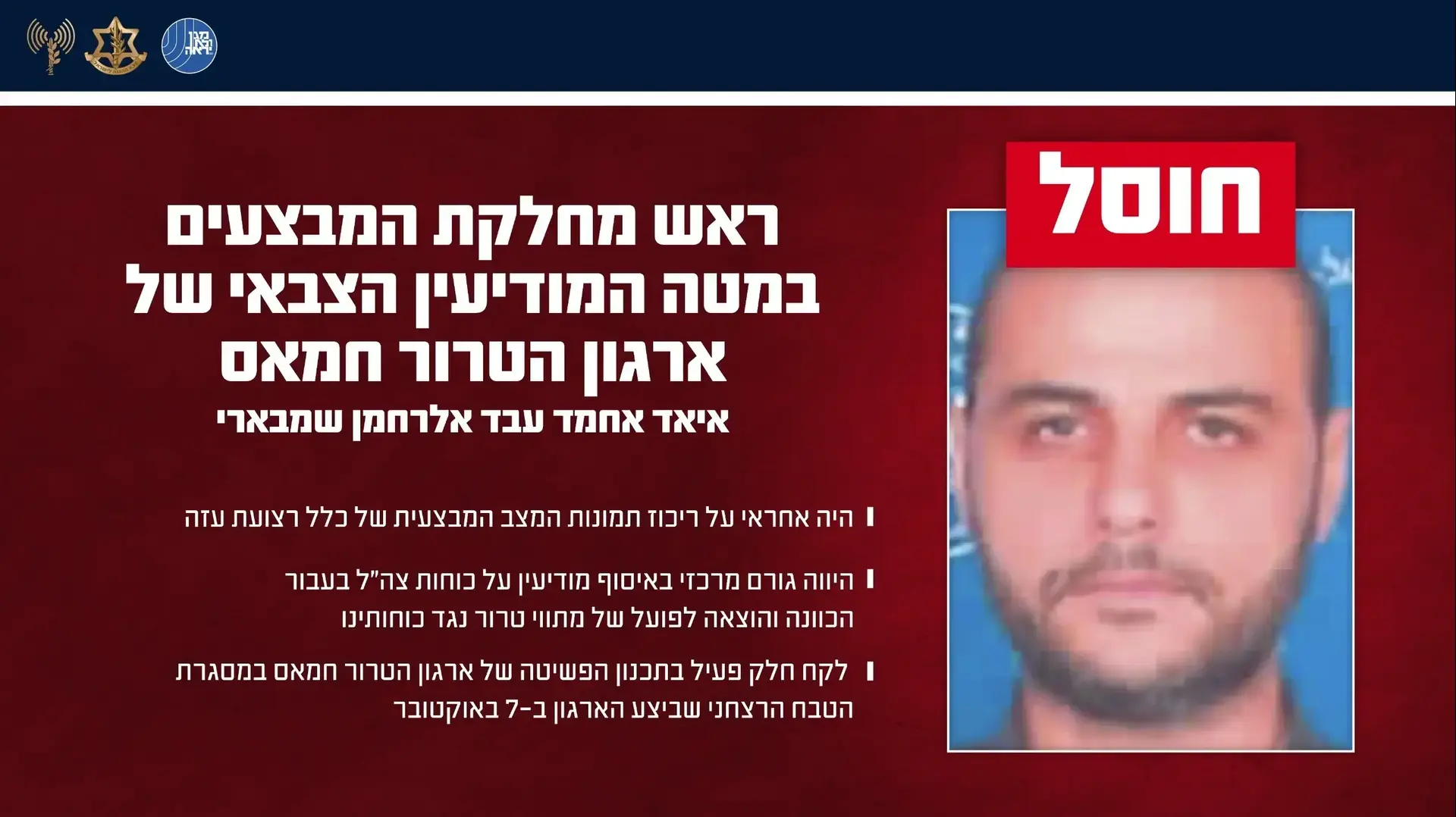 איאד אחמד עבד אלרחמן שמבארי, ראש מחלקת המבצעים במטה המודיעין הצבאי של חמאס איאד אחמד עבד אלרחמן שמבארי, ראש מחלקת המבצעים במטה המודיעין הצבאי של חמאס