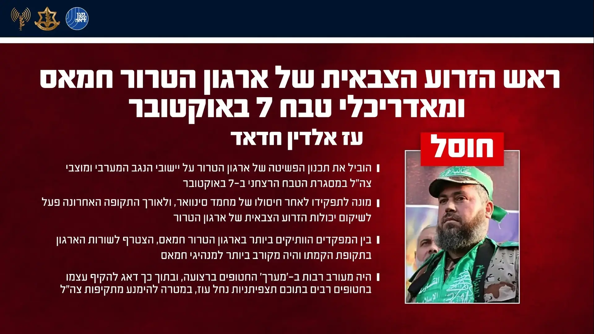 צה"ל ושב"כ מאשרים רשמית: עז א-דין אל-חדאד חוסל צה"ל ושב"כ מאשרים רשמית: עז א-דין אל-חדאד חוסל