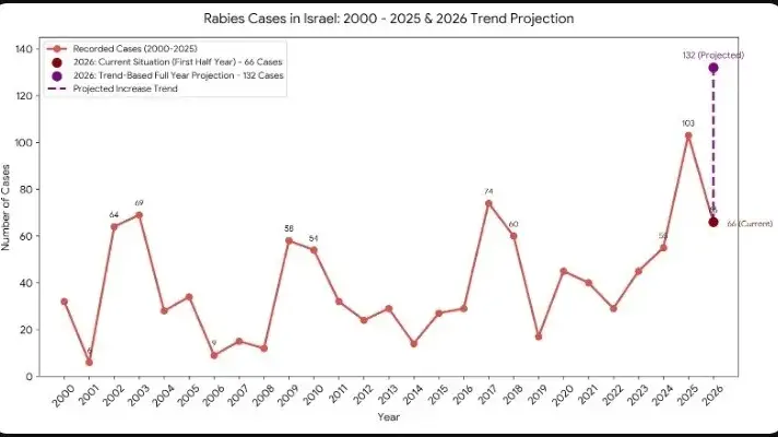 גרף מקרי כלבת בישראל משנת 2000 עד יוני 2026. קו מקווקו- תחזית לסוף 2026 אם תמשך המגמה גרף מקרי כלבת בישראל משנת 2000 עד יוני 2026. קו מקווקו- תחזית לסוף 2026 אם תמשך המגמה