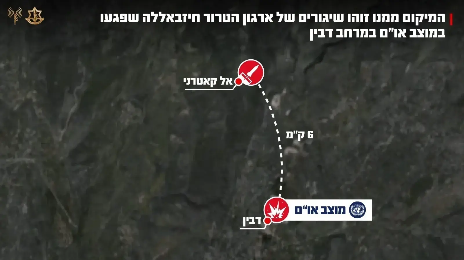 המיקום ממנו זוהו שיגורים של ארגון הטרור חיזבאללה שפגעו במוצב או"ם במרחב דבין המיקום ממנו זוהו שיגורים של ארגון הטרור חיזבאללה שפגעו במוצב או"ם במרחב דבין