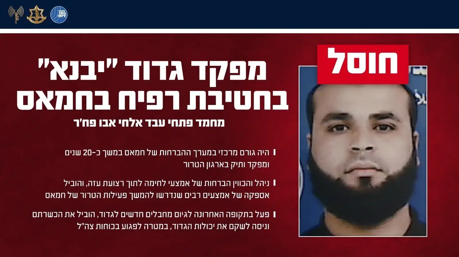 צה"ל ושב"כ חיסלו את מפקד גדוד "יבנא" בחטיבת רפיח של ארגון הטרור חמאס צה"ל ושב"כ חיסלו את מפקד גדוד "יבנא" בחטיבת רפיח של ארגון הטרור חמאס