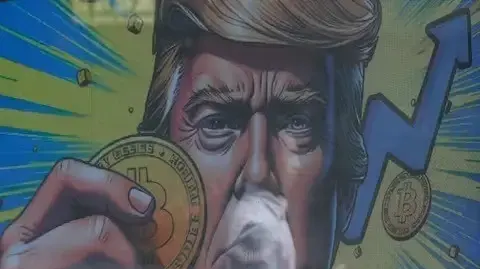 איור המציג את נשיא ארצות הברית דונלד טראמפ מחזיק ביטקוין איור המציג את נשיא ארצות הברית דונלד טראמפ מחזיק ביטקוין