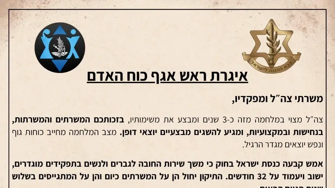 איגרת של ראש אכ"א למשרתי צה"ל ומפקדיו איגרת של ראש אכ"א למשרתי צה"ל ומפקדיו