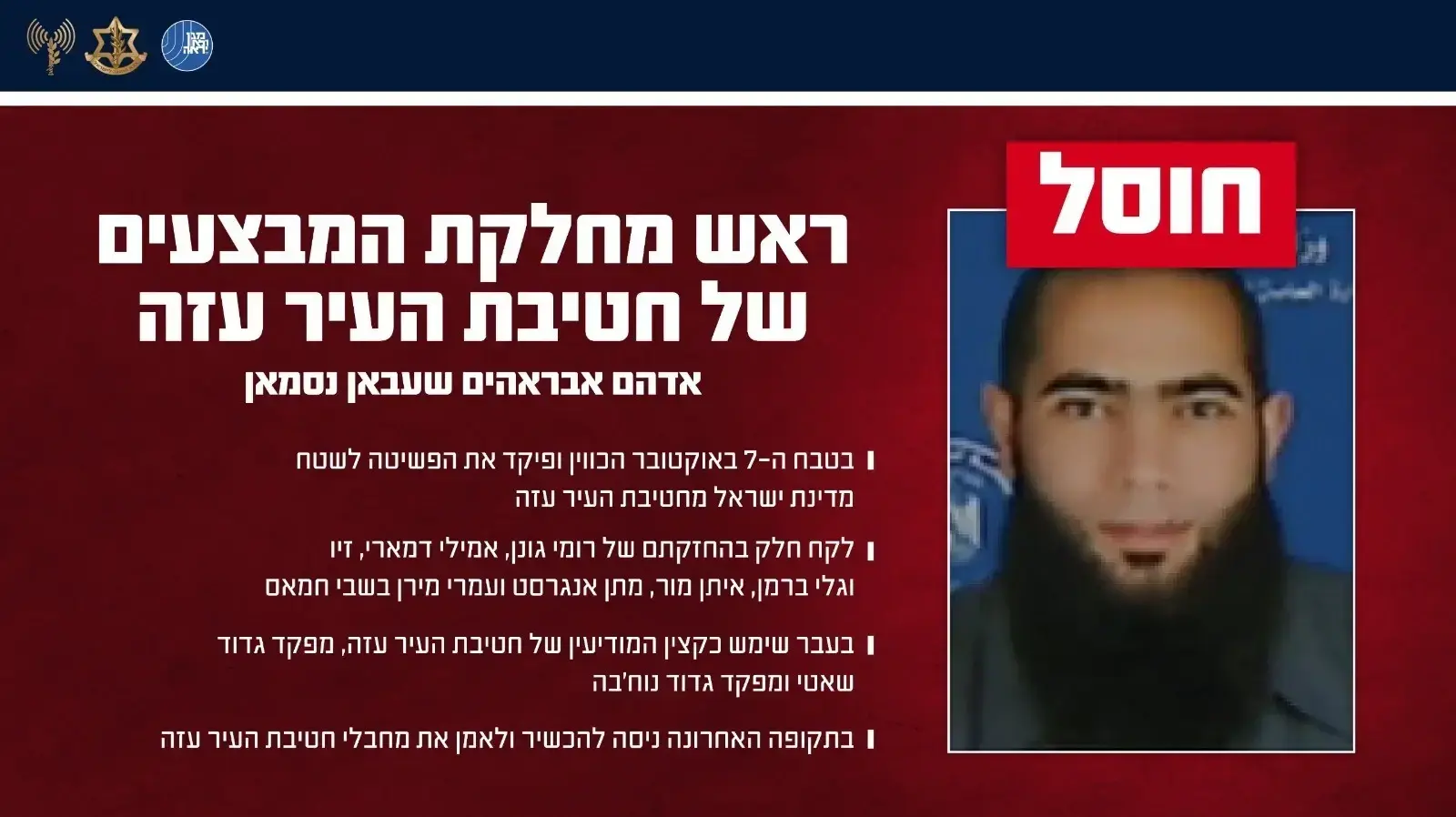 חיסול ראש מחלקת המבצעים של חטיבת העיר עזה חיסול ראש מחלקת המבצעים של חטיבת העיר עזה