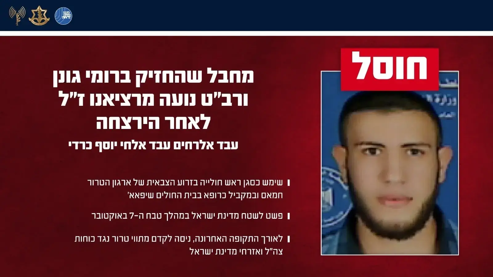 צה"ל: חוסל מחבל חמאס שהחזיק ברומי גונן, ובנועה מרציאנו לאחר הירצחה צה"ל: חוסל מחבל חמאס שהחזיק ברומי גונן, ובנועה מרציאנו לאחר הירצחה