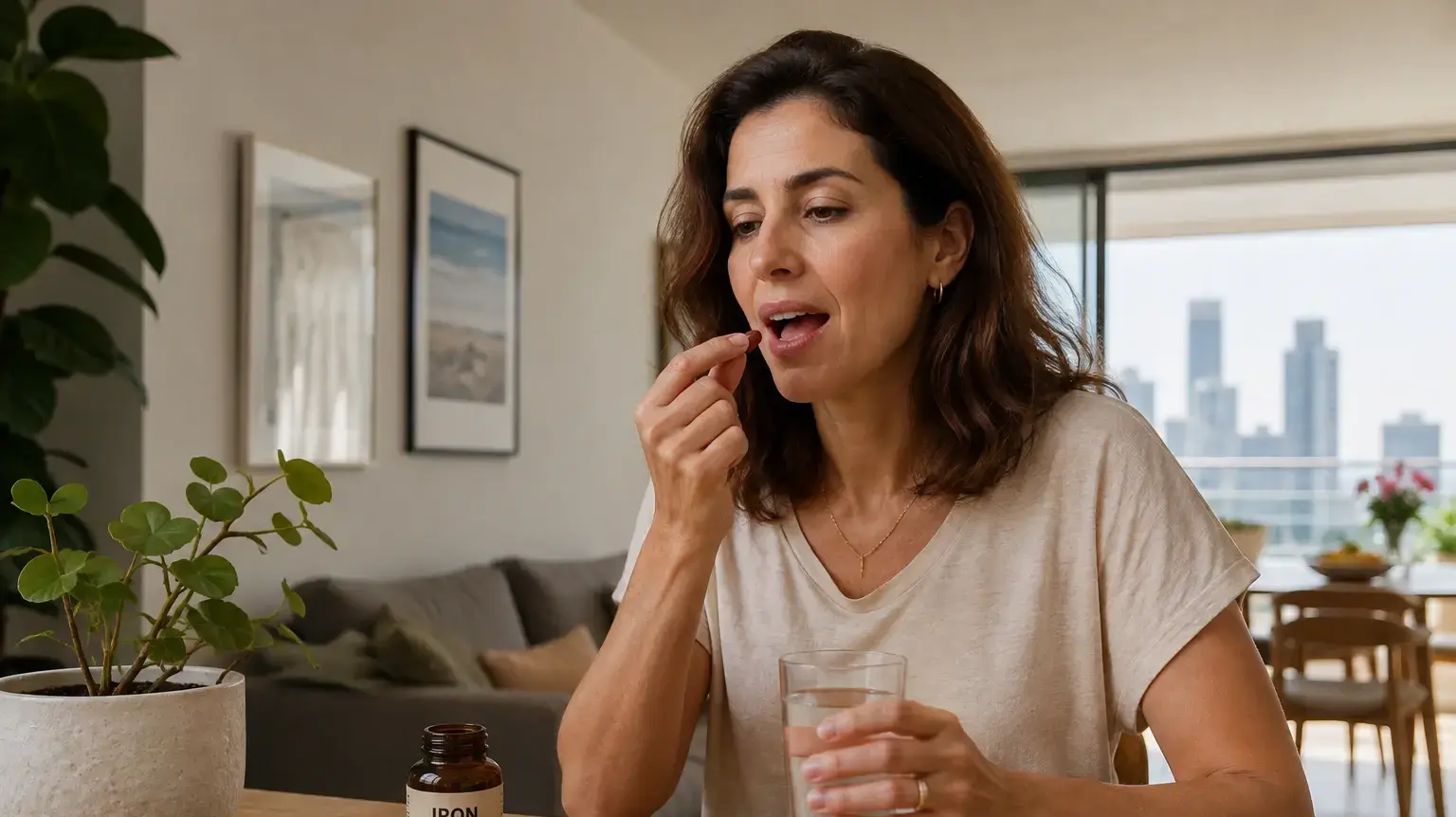 אישה נוטלת תוסף תזונה אישה נוטלת תוסף תזונה