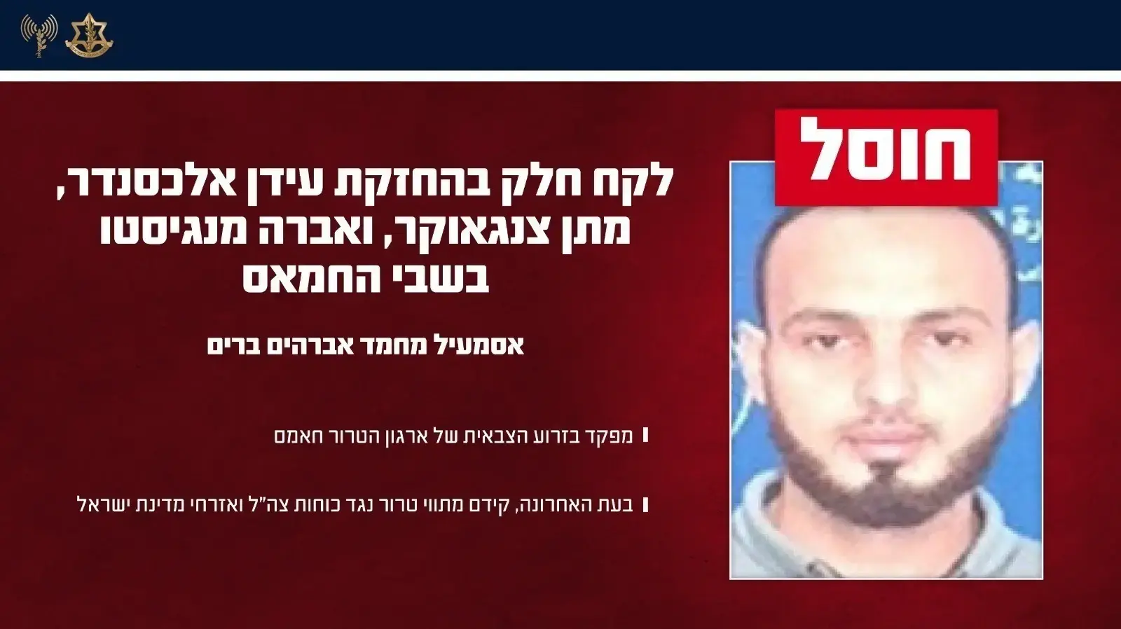 צה"ל: חוסל מפקד חמאס שלקח חלק בשבי של עידן אלכסנדר, מתן צנגאוקר ואברה מנגיסטו