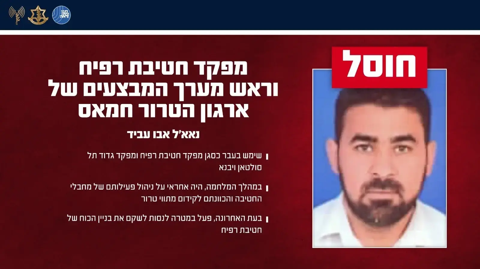 חוסל מפקד חטיבת רפיח וראש מערך המבצעים של ארגון הטרור חמאס חוסל מפקד חטיבת רפיח וראש מערך המבצעים של ארגון הטרור חמאס