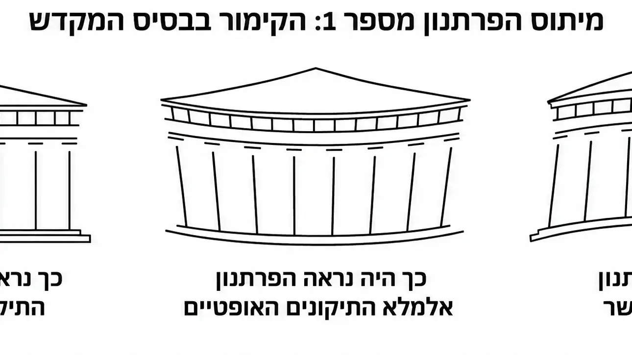 לפי המיתוס, ללא "תיקונים" הפרתנון היה נראה כאילו הוא שוקע במרכז, ולכן היוונים בנו אותו בקימור כלפי מעלה כדי שייראה ישר. לפי המחקר החדש, כל שלוש ההנחות האלה שגויות לפי המיתוס, ללא "תיקונים" הפרתנון היה נראה כאילו הוא שוקע במרכז, ולכן היוונים בנו אותו בקימור כלפי מעלה כדי שייראה ישר. לפי המחקר החדש, כל שלוש ההנחות האלה שגויות