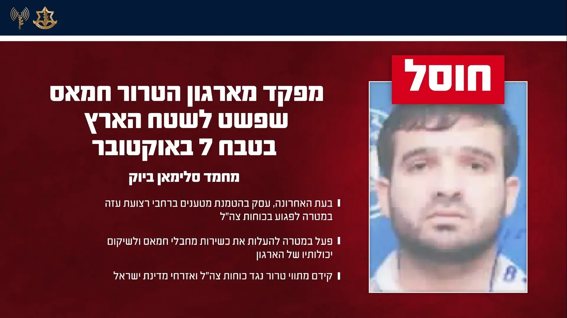 אינפוגרפיקה אודות החיסול של המחבל מחמד סלימאן ביוק, מפקד בזרוע הצבאית של ארגון הטרור חמאס
אינפוגרפיקה אודות החיסול של המחבל מחמד סלימאן ביוק, מפקד בזרוע הצבאית של ארגון הטרור חמאס