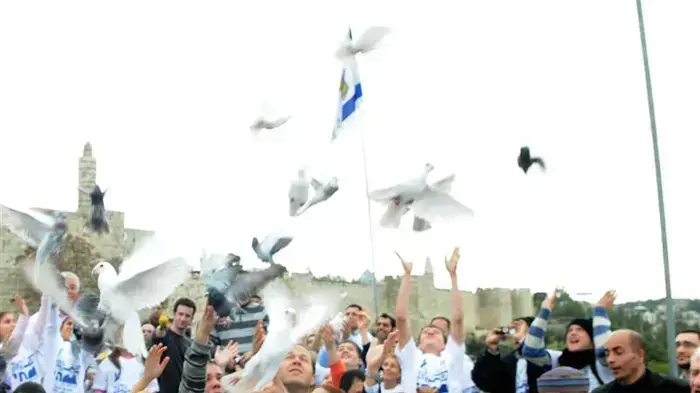 ילדי ירושלים מפריחים יונים לגלעד שליט בחומות העיר העתיקה