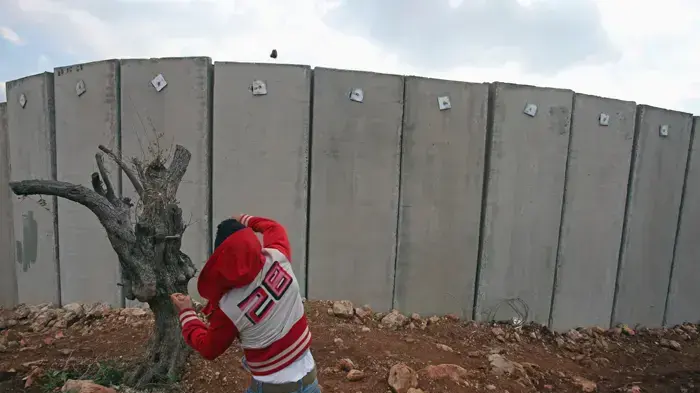 צעיר פלסטיני משליך אבן על כוח צה''ל בניעלין