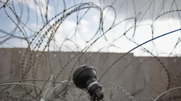 רימון תלוי על גדר תיל סמוך לגדר ההפרדה בניעלין