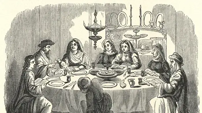 תחריט של משפחה יהודית יושבת לשולחן ליל הסדר, 1800