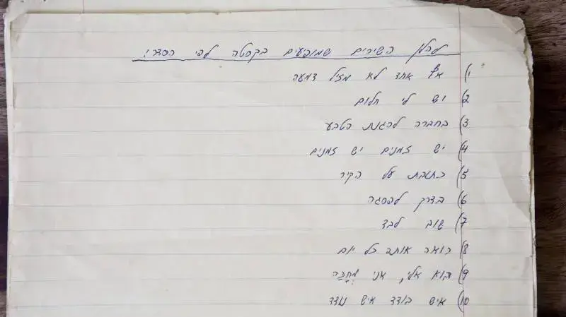 רשימת שירים בקסטה של צ'יזיק מתוך מחברות השירים של שמוליק צ'יזיק
