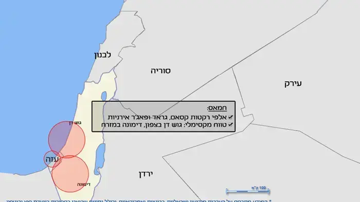 מפת טווח טילים  עזה  חמאס
