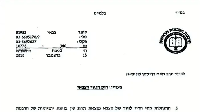 מכתב ששלח הרב הצבאי הראשי אבי פרץ לרב חיים דרוקמן בדבר גיורי צה"ל מכתב ששלח הרב הצבאי הראשי אבי פרץ לרב חיים דרוקמן בדבר גיורי צה"ל