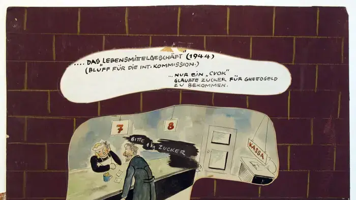 קריקטורות המציגות תמונות מחיי האסירים בגטו טרזין של האמן אריך ליכטבלאו-לסקלי קריקטורות המציגות תמונות מחיי האסירים בגטו טרזין של האמן אריך ליכטבלאו-לסקלי