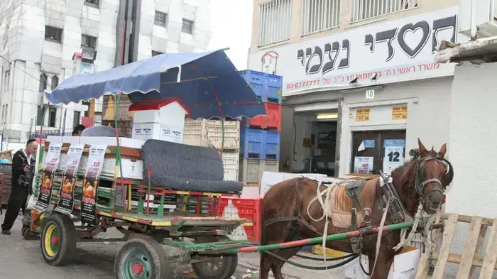 מתנדבים של עמותת "חסדי נעמי" מחלקים מזון לנזקקים בעגלה עם סוס