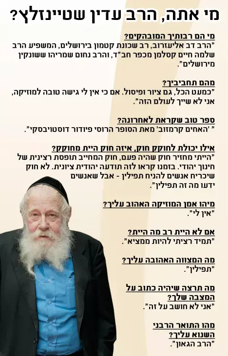 הרב שטיינזלץ: הרבנים החרדיים אינם מושלמים