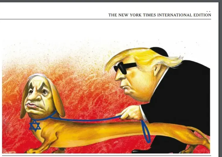 טראמפ עם כיפה וביבי כלב נחייה: הקריקטורה שמכעיסה את העולם היהודי