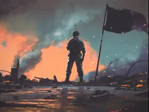 חייל עומד באמצע מלחמה