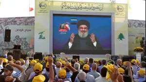 מזכ"ל חיזבאללה, חסן נסראללה במהלך נאומו בלבנון 25 באוגוסט 2019 (רויטרס)