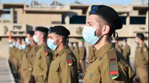 טקס סיום קורס קצינים קרביים במעמד נשיא המדינה, ראובן ריבלין, ראש המטה הכללי, רב-אלוף אביב כוכבי, מפקד זרוע היבשה, אלוף יואל סטריק, מפקד פיקוד ההכשרות והאימונים, אלוף מוטי ברוך, מפקד בית הספר לקצינים, אלוף-משנה גיא לוי,מצפה רמון בה"ד 1, 1 ביולי 2020 (דובר צה"ל)