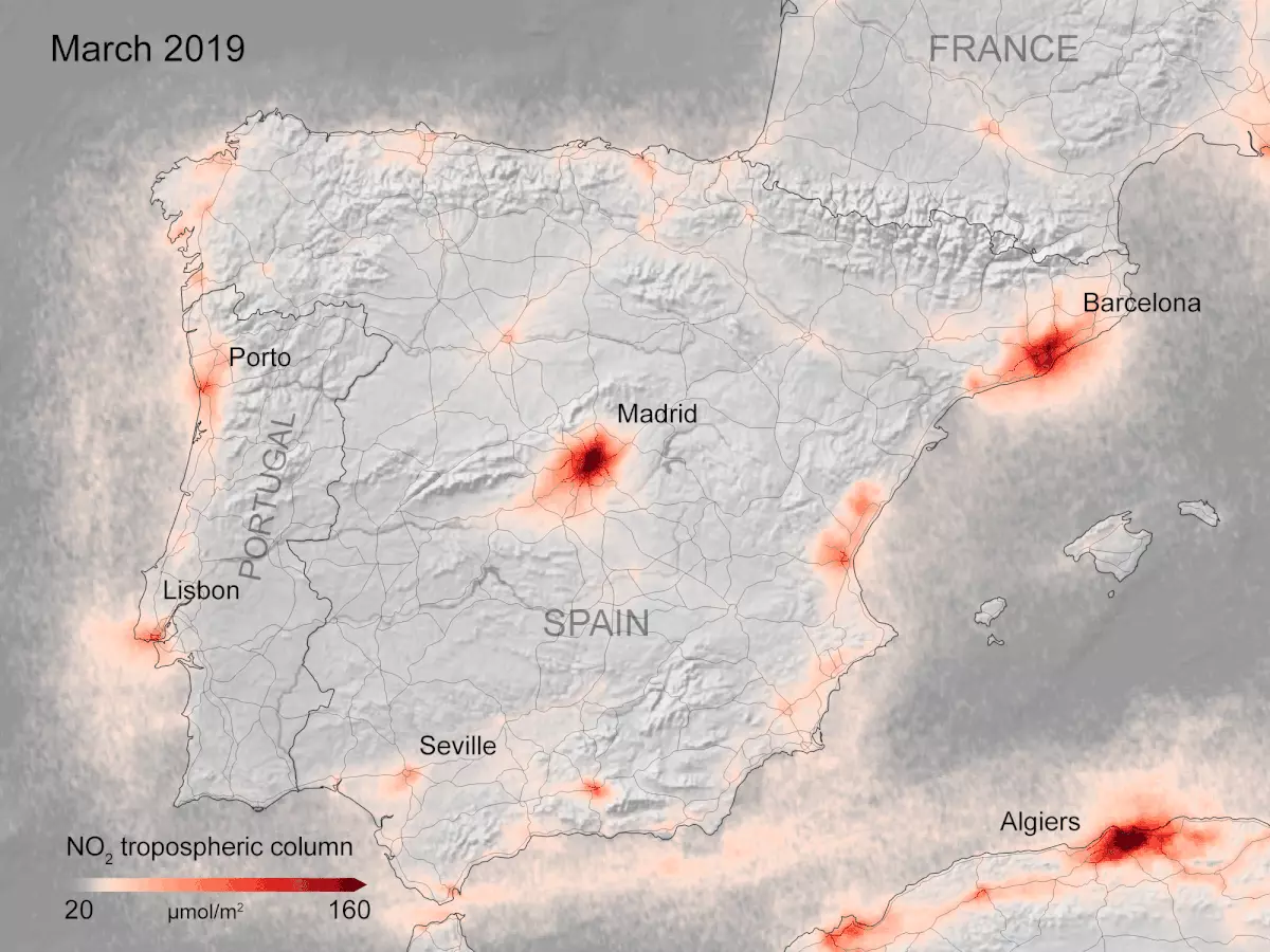 צילומי לווין מראים ירידה בזיהום האוויר מעל צרפת במהלך הקורונה