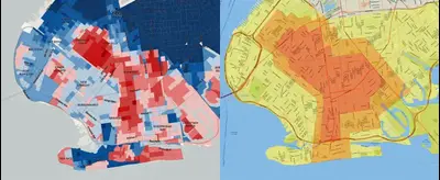 Две карты Бруклина – политическая и санитарная. Красные районы голосовали за Трампа.