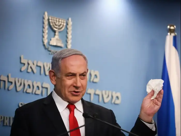 ראש הממשלה, בנימין נתניהו במהלך הצהרה לתקשורת בנושא נגיף הקורונה, משרד רה"מ, ירושלים 8 במרץ 2020 (אתר רשמי , יונתן זינדל/פלאש90)