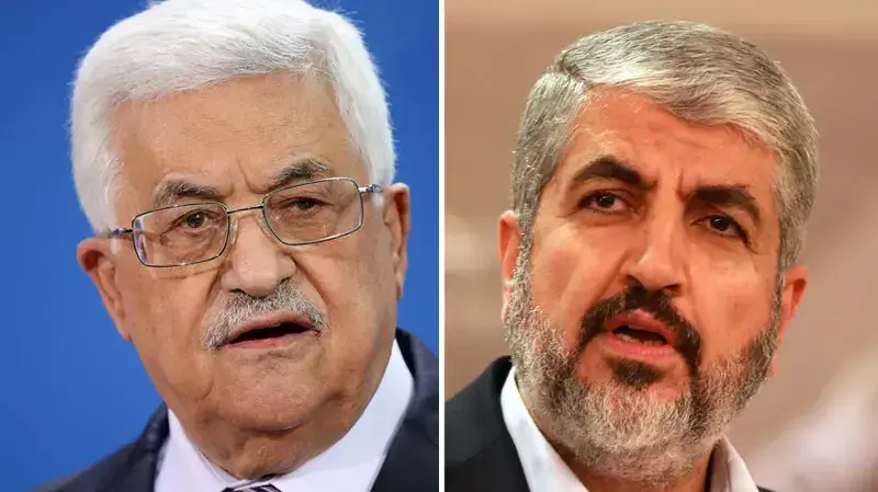 יו"ר הלשכה המדינית של החמאס חאלד משעל ויו"ר הרשות הפלסטינית אבו מאזן