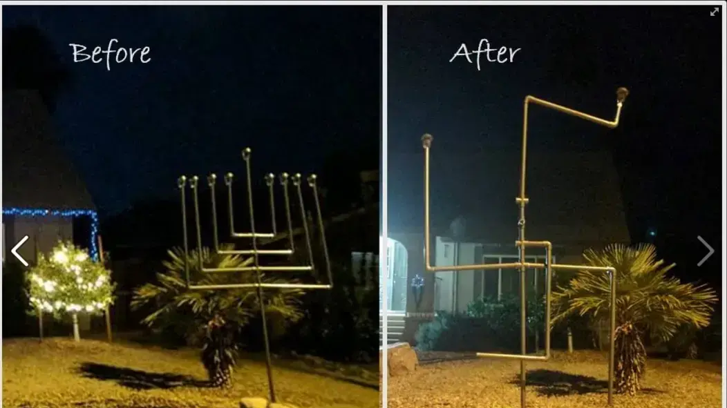 ונדליסטים הפכו חנוכייה שהוצבה בחצר בית באריזונה לצלב קרס, 30 בדצמבר 2016 ונדליסטים הפכו חנוכייה שהוצבה בחצר בית באריזונה לצלב קרס, 30 בדצמבר 2016