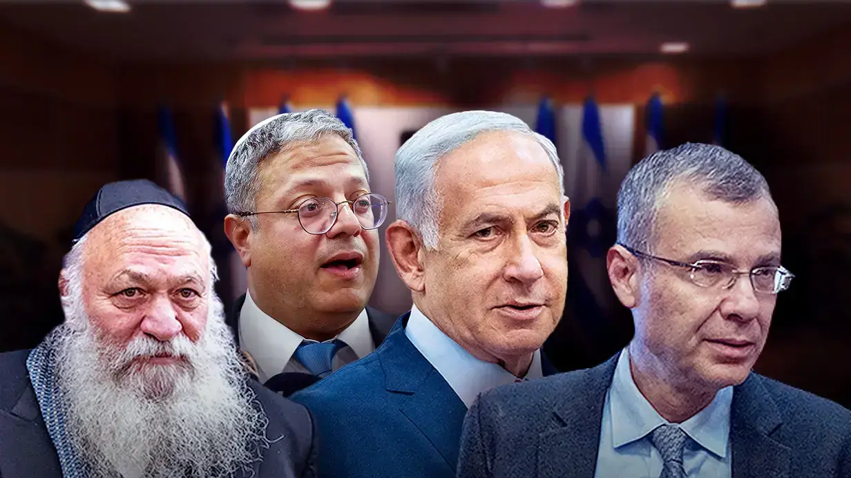 בנימין נתניהו, יריב לוין, איתמר בן גביר, יצחק גולדקנופף בנימין נתניהו, יריב לוין, איתמר בן גביר, יצחק גולדקנופף