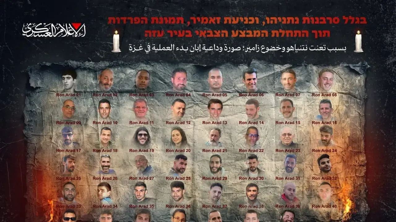 הזרוע הצבאית של חמאס מפרסמת תמונת ארכיון של כל 48 החטופים הנותרים, כשלכל חטוף שמו את השם "רון ארד" הזרוע הצבאית של חמאס מפרסמת תמונת ארכיון של כל 48 החטופים הנותרים, כשלכל חטוף שמו את השם "רון ארד"