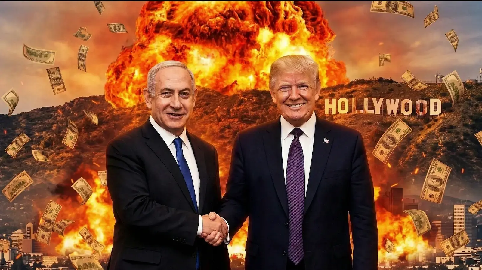 דונלד וביבי על רקע הוליווד בלהבות דונלד וביבי על רקע הוליווד בלהבות