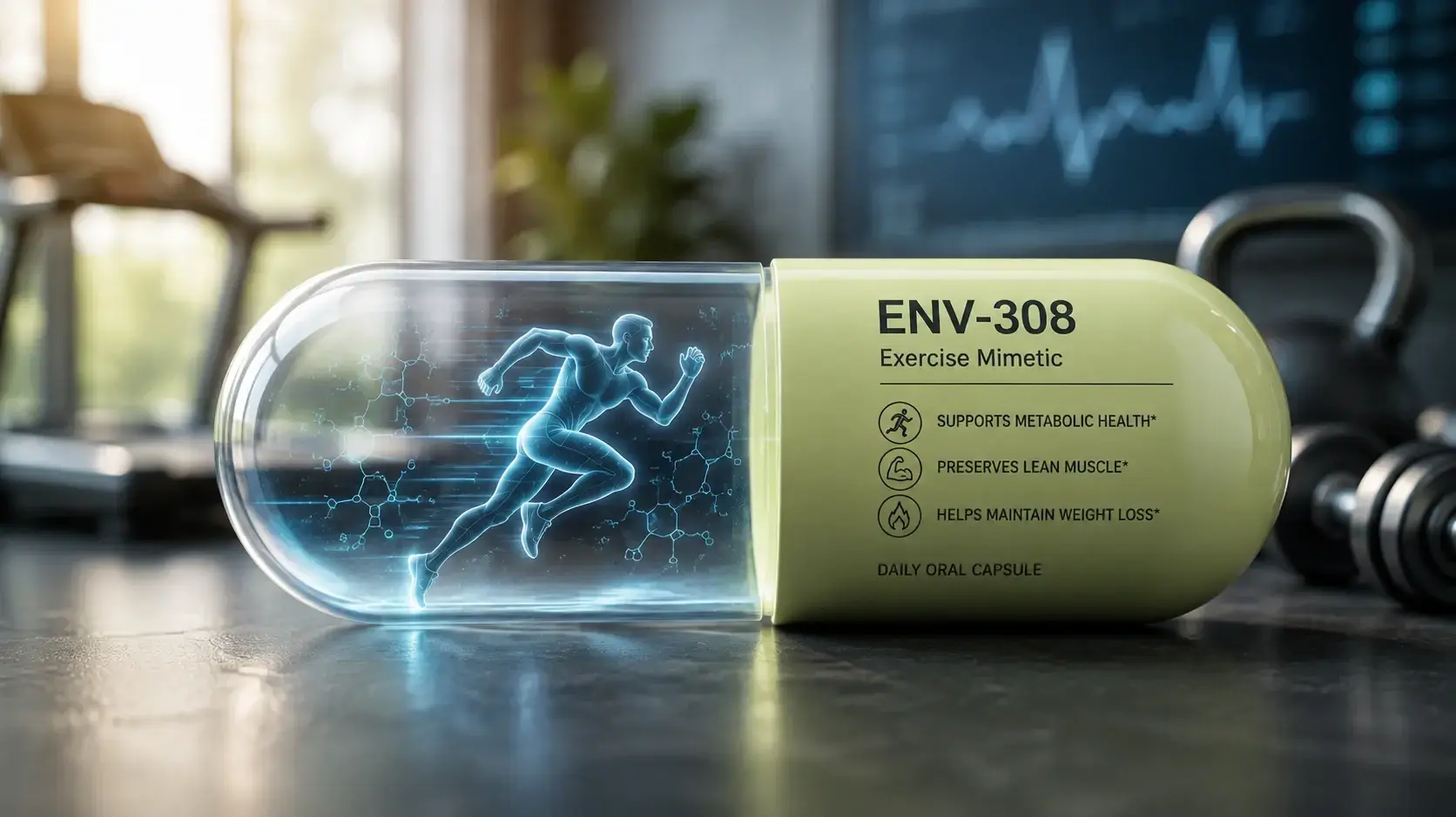 ENV-308, תרופה ניסיונית הניתנת כגלולה יומית ונועדה לחקות את פעילותו של חומר שהגוף מייצר בתגובה לפעילות גופנית עצימה ENV-308, תרופה ניסיונית הניתנת כגלולה יומית ונועדה לחקות את פעילותו של חומר שהגוף מייצר בתגובה לפעילות גופנית עצימה