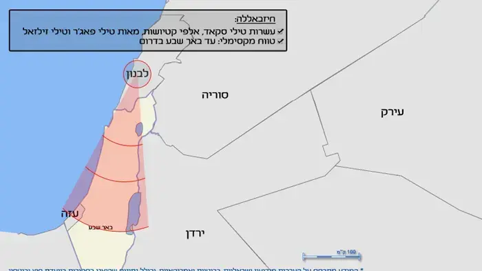 מפת טווח טילים  לבנון - חיזבאללה