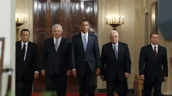 בנימין נתניהו, ברק אובמה, אבו מאזן, חוסני מובארק והמלך עבדאללה בבית הלבן